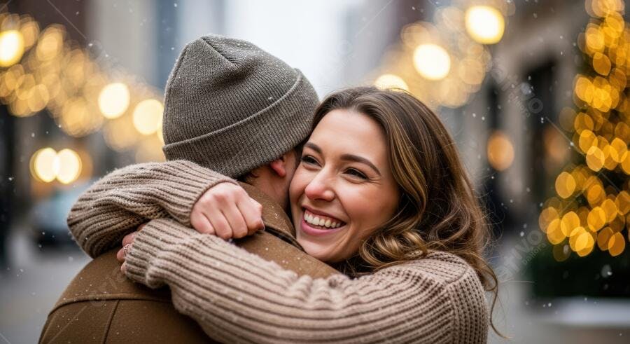 Casal se abraçando em rua nevada com luzes de Natal e mulher morena sorrindo