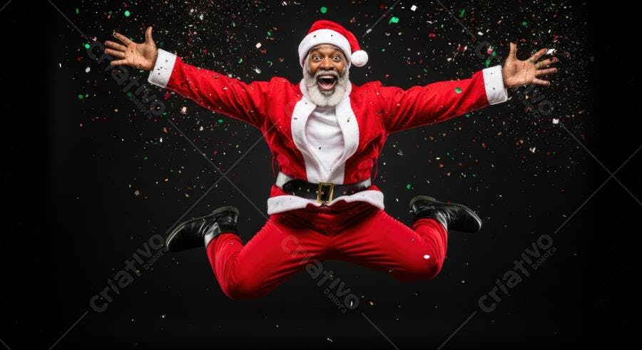 Papai Noel negro pulando feliz com confete colorido em fundo preto para o Natal