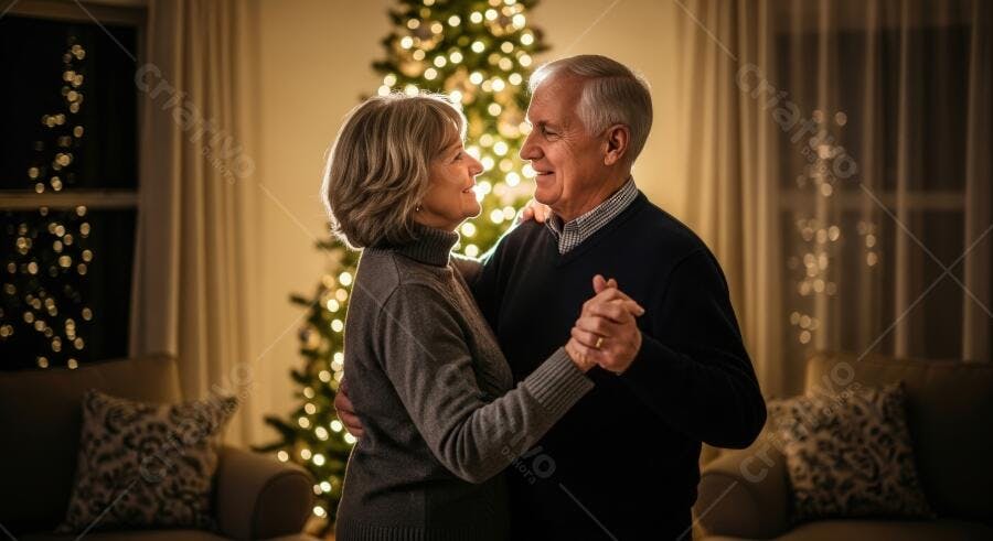 Casal idoso feliz dançando em frente à árvore de Natal