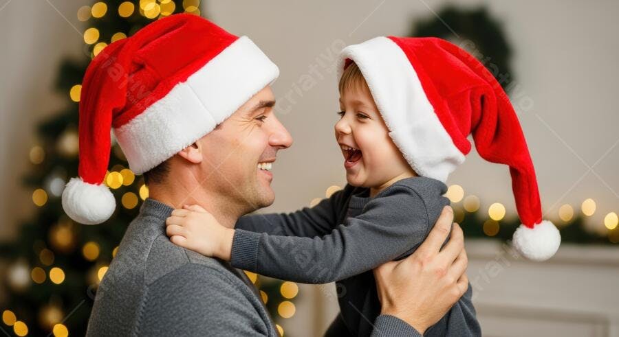 Pai e filho caucasianos rindo e se abraçando com gorros de Natal e luzes