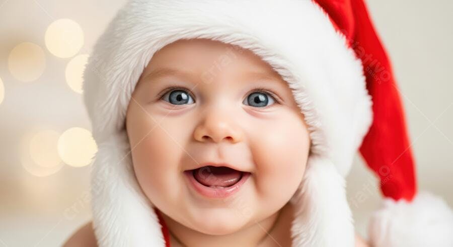 Bebê caucasiano feliz com olhos azuis usando chapéu de Papai Noel no Natal