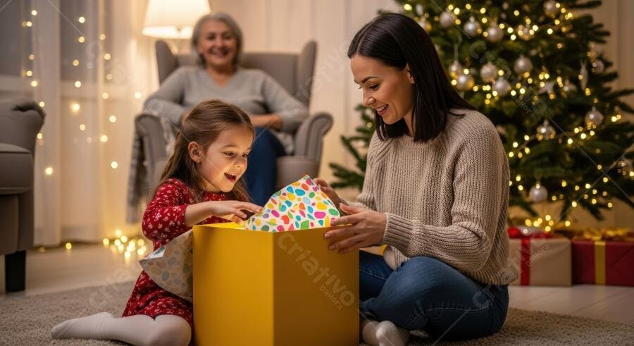 Mãe e filha hispânicas abrindo presente de Natal na sala aconchegante