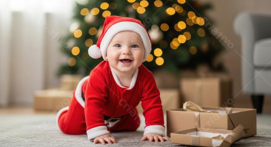 Bebê feliz com fantasia de Papai Noel engatinhando no Natal