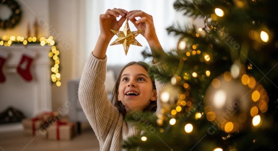 Menina feliz decorando árvore de Natal com estrela dourada em casa