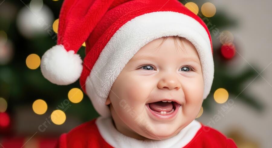 Bebê risonho em roupa vermelha de Papai Noel celebra Natal com luzes festivas