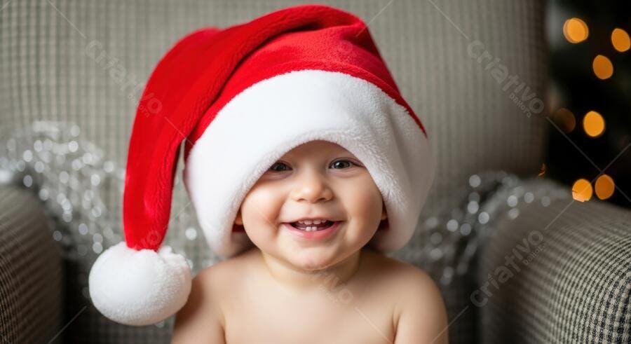 Bebê sorridente caucasiano com gorro de Papai Noel vermelho e branco no Natal