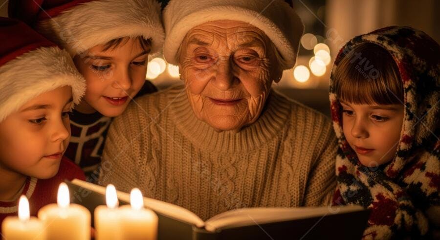 Avó e três crianças com gorros de Natal lendo livro à luz de velas