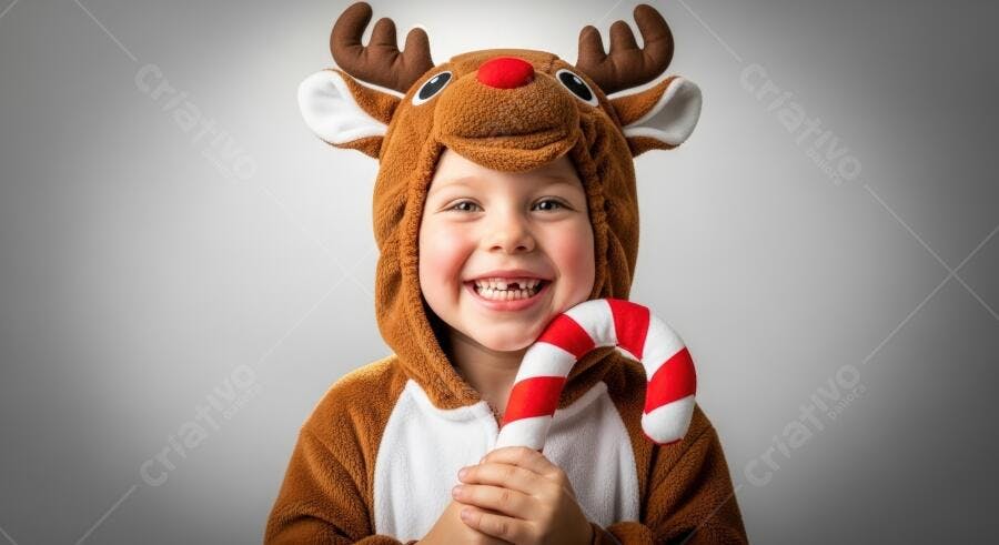 Menino caucasiano feliz em fantasia de rena marrom com bengala doce de Natal