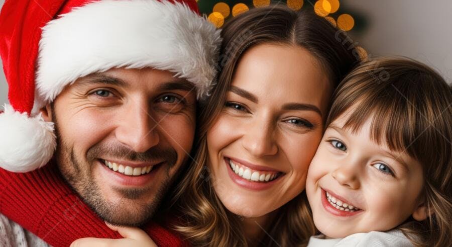 Família feliz sorrindo no Natal com luzes douradas ao fundo