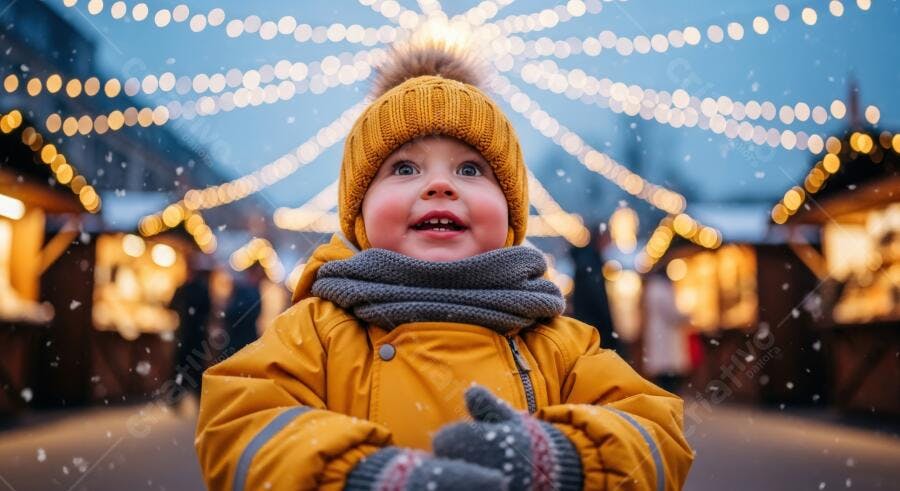 Criança feliz de gorro amarelo olhando luzes em mercado natalino com neve