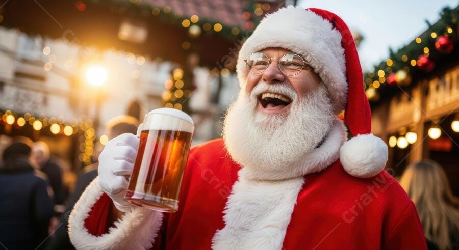Papai Noel feliz rindo segurando caneca de cerveja em mercado de Natal ao pôr do sol
