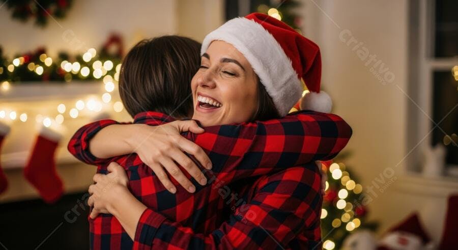 Mulheres felizes de camisa xadrez e chapéu de Papai Noel abraçando no Natal