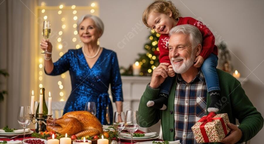 Família intergeracional feliz celebrando Natal com criança nos ombros e peru