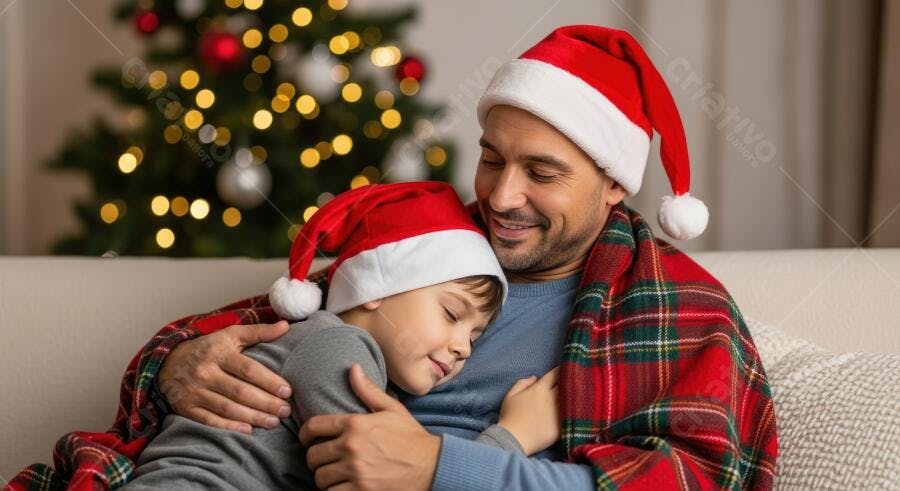 Pai e filho em gorros de Papai Noel abraçados no sofá com árvore de Natal