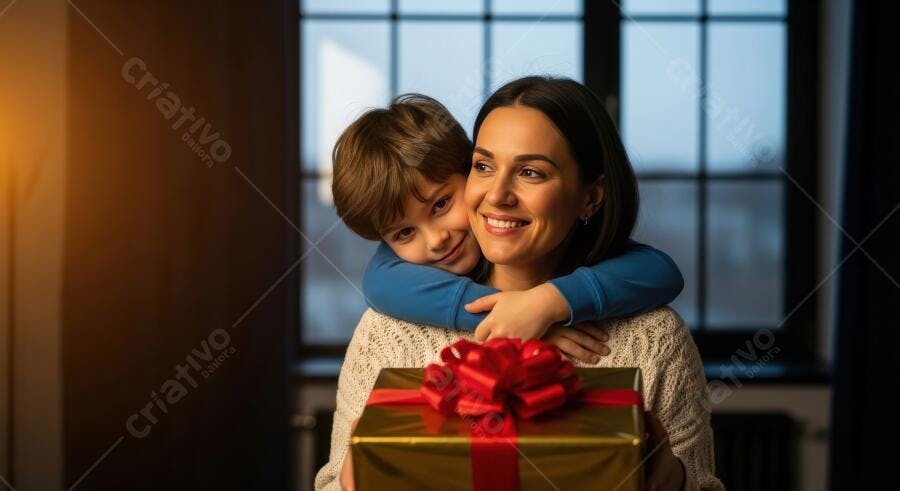 Mãe e filho felizes abraçados com presente dourado e laço vermelho
