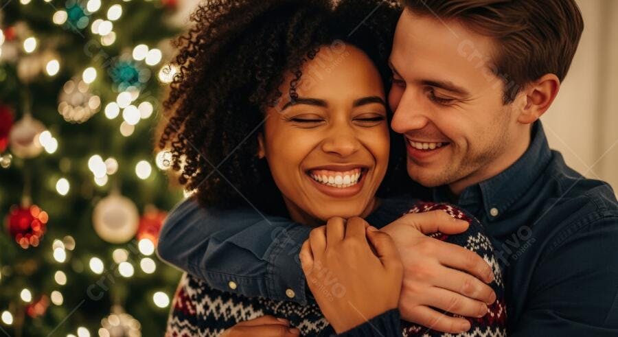 Casal feliz interracial abraçado mulher negra homem branco Natal