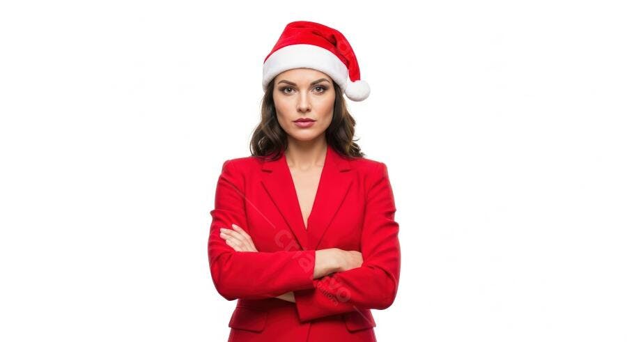 Mulher de negócios com chapéu de Papai Noel braços cruzados fundo branco