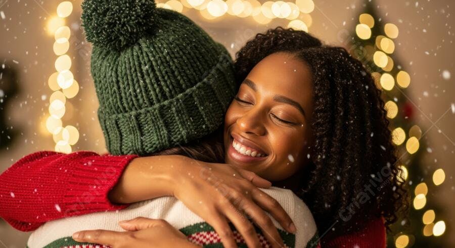 Mulher negra feliz abraçando pessoa em gorro verde suéter vermelho luzes natalinas neve