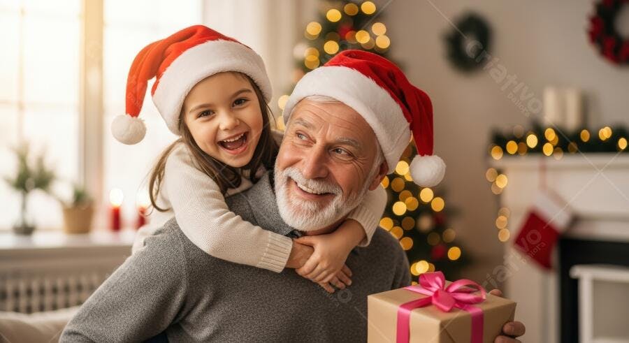 Avô e neta se abraçando com chapéus de Papai Noel no Natal feliz