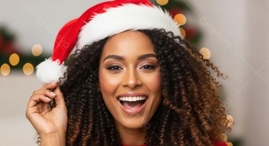 Jovem mulher negra sorrindo com chapéu de Papai Noel celebra o Natal festivo