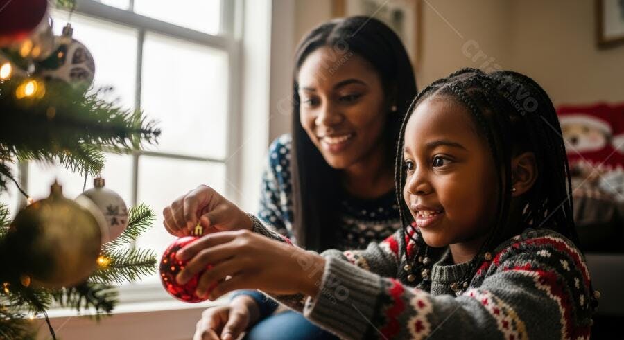 Menina e mãe negras decorando árvore de Natal vermelha
