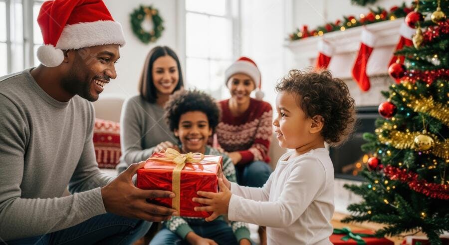 Família multiétnica feliz trocando presentes de Natal na sala decorada