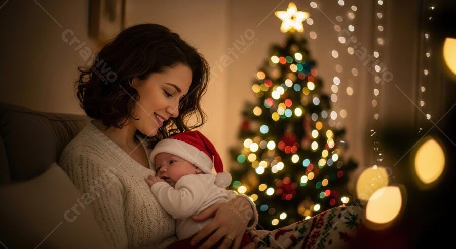 Mãe caucasiana com bebê natalino em casa aconchegante com árvore de Natal