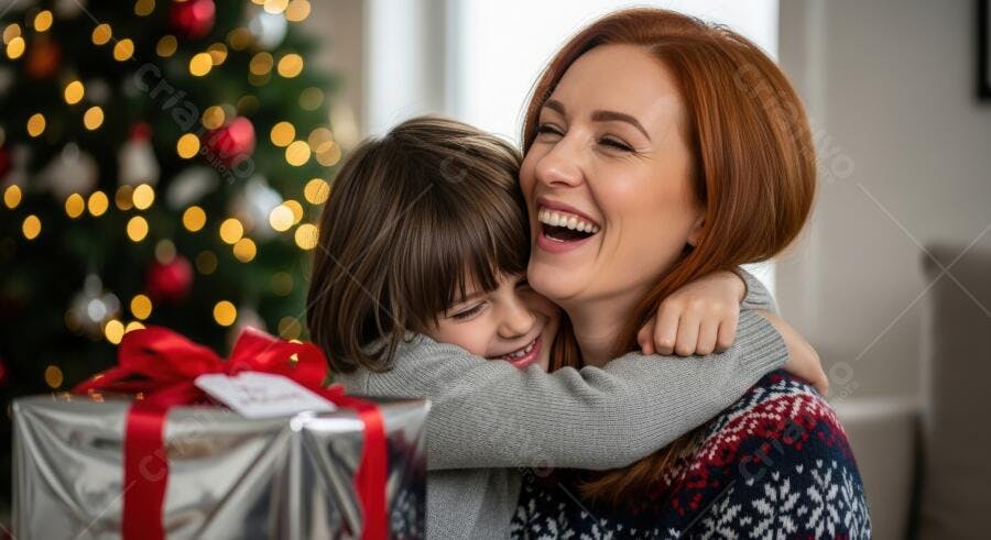 Mãe ruiva e filho abraçando felizes no Natal com presente prateado