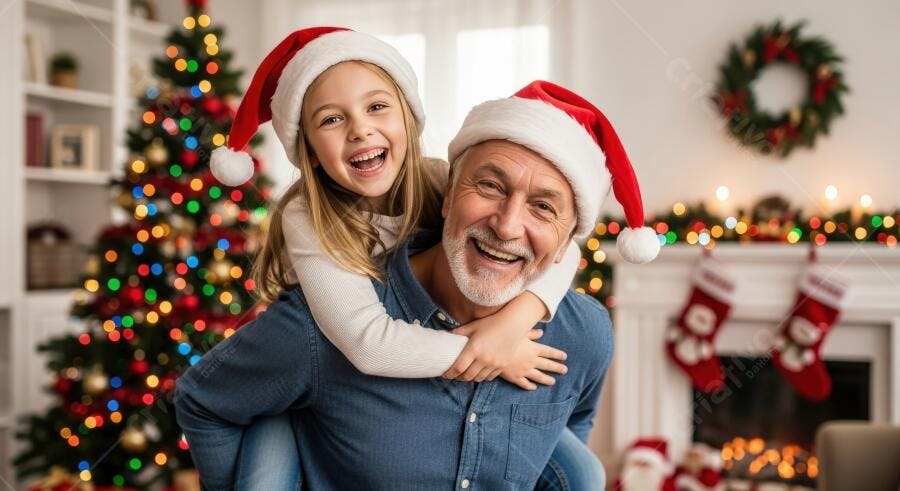 Menina feliz nas costas do avô com gorros de Papai Noel na festa de Natal