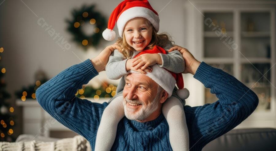 Homem idoso e menina feliz com gorros de Papai Noel no Natal