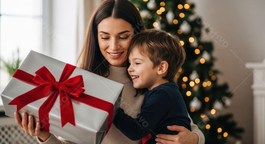 Mãe e filho feliz com presente de Natal prateado e laço vermelho em casa