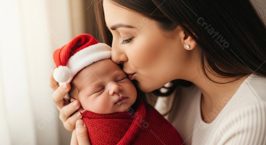Mãe beijando bebê recém-nascido com gorro de Natal vermelho e branco