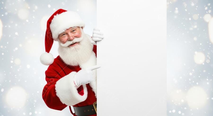 Papai Noel sorridente apontando para placa branca em fundo nevado festivo