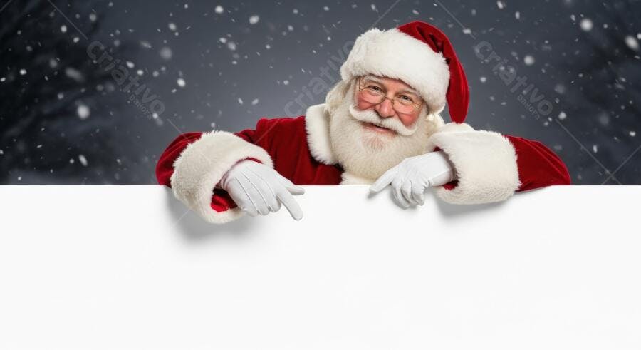 Papai Noel sorridente apontando para placa branca na neve