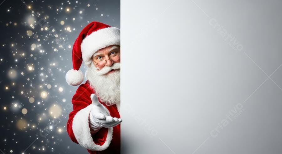 Papai Noel sorrindo com barba branca apresentando espaço em branco em fundo festivo mágico