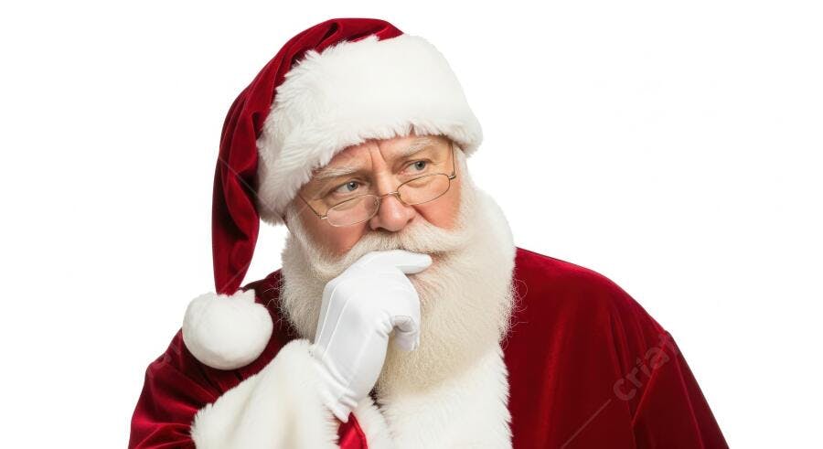 Papai Noel pensativo de barba branca e traje vermelho com óculos olhando para o lado
