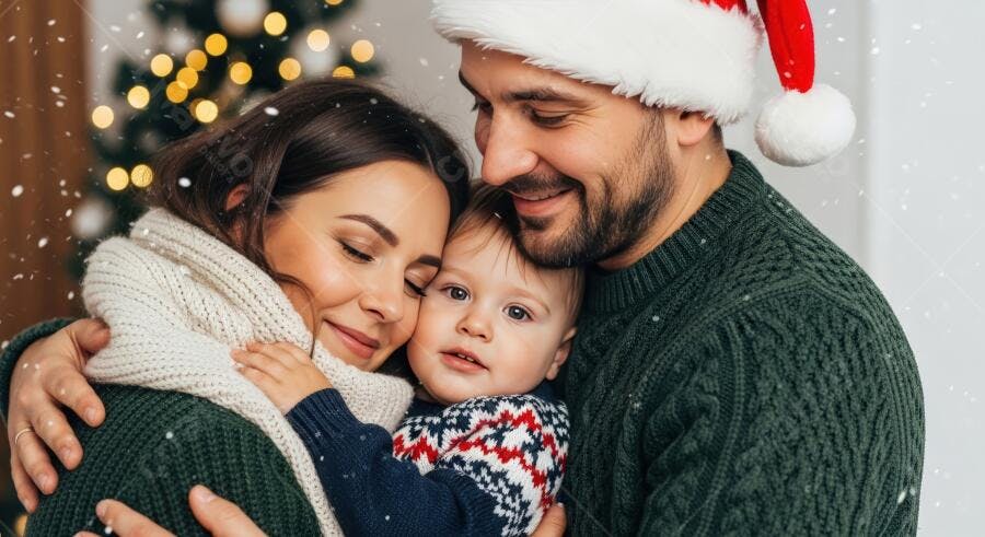 Família caucasiana feliz com bebê e suéteres natalinos sob neve