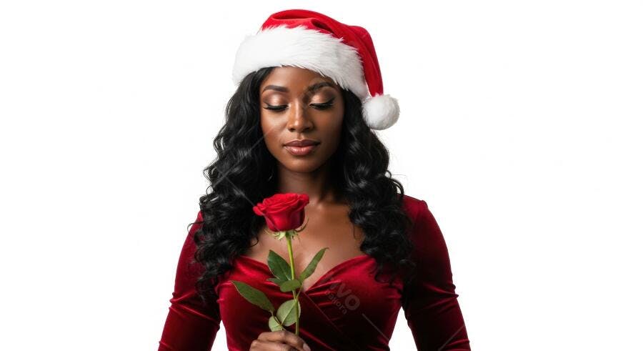 Mulher negra com gorro de Papai Noel e vestido vermelho segurando rosa em estúdio