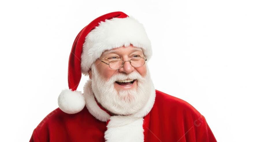 Papai Noel feliz sorrindo com barba branca e gorro vermelho em fundo branco