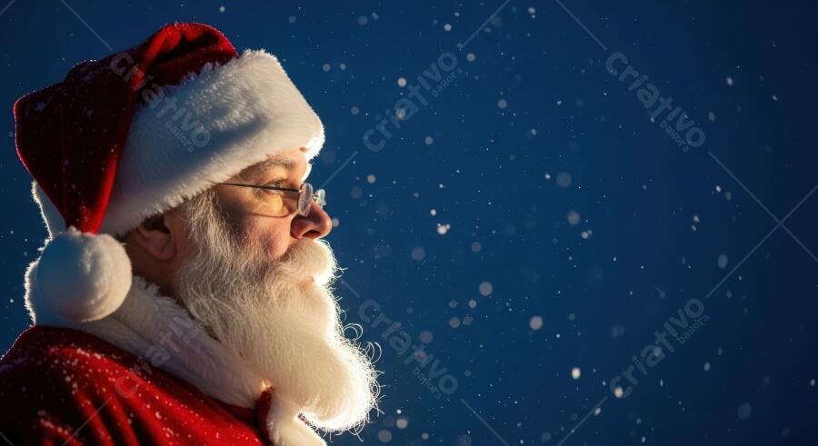 Papai Noel idoso de gorro vermelho e barba branca em noite nevada