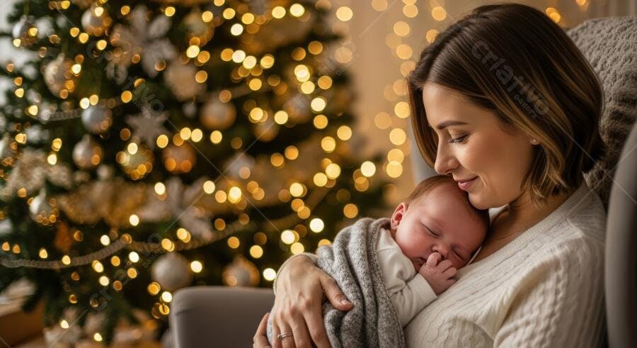 Mãe caucasiana de suéter branco com bebê dormindo ao lado de árvore de Natal dourada