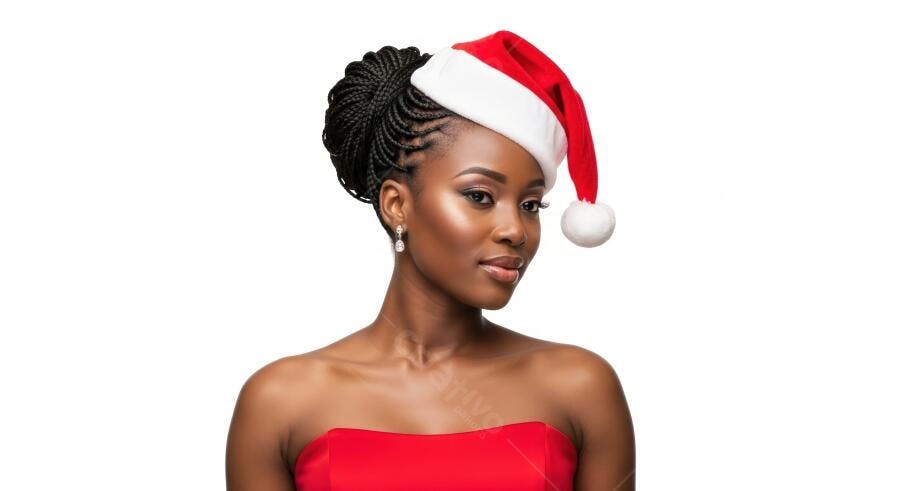 Mulher negra em chapéu de Papai Noel e vestido vermelho festivo