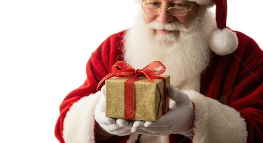 Papai Noel de barba branca segurando presente dourado de Natal para as festas