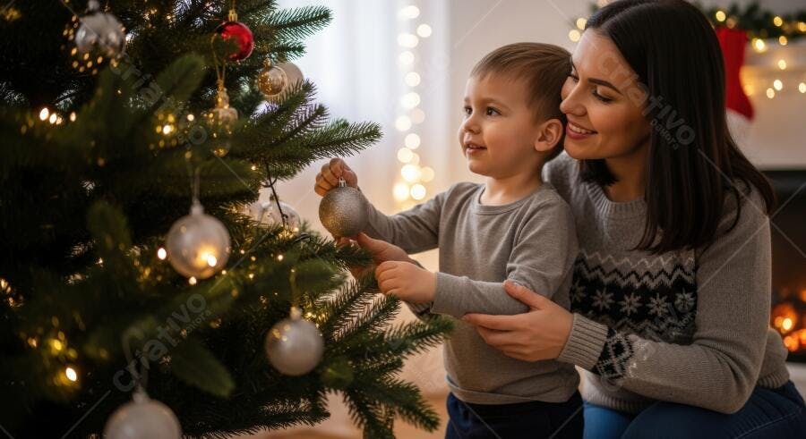 Mãe e filho caucasianos felizes decorando árvore de Natal em casa