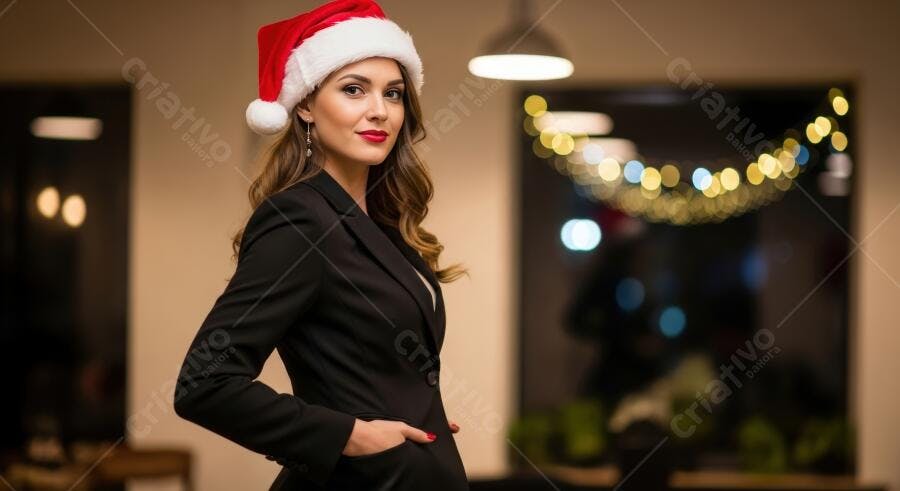 Mulher jovem caucasiana com chapéu de Papai Noel e blazer preto em festa de Natal