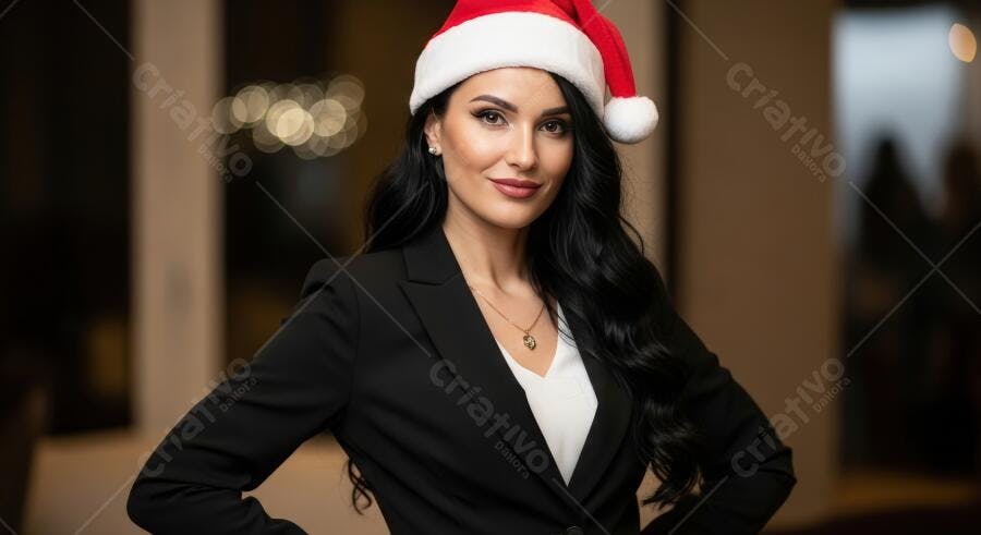 Mulher profissional com chapéu de Papai Noel sorrindo em evento de Natal