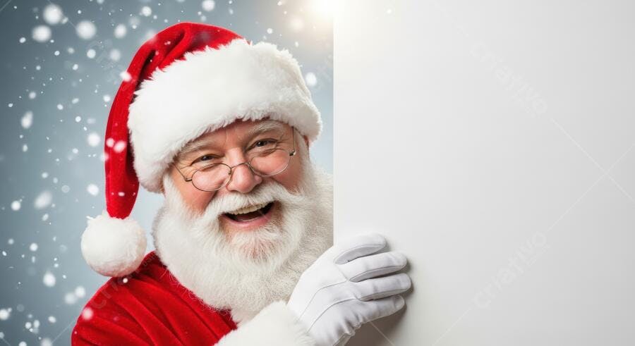 Papai Noel sorridente com barba branca segurando placa em branco e neve caindo