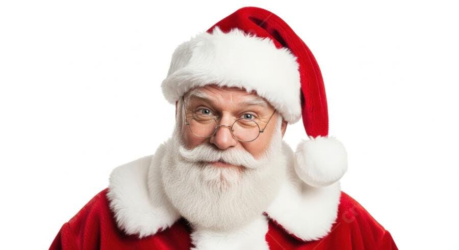 Papai Noel sorridente com barba branca e óculos em fundo branco natalino