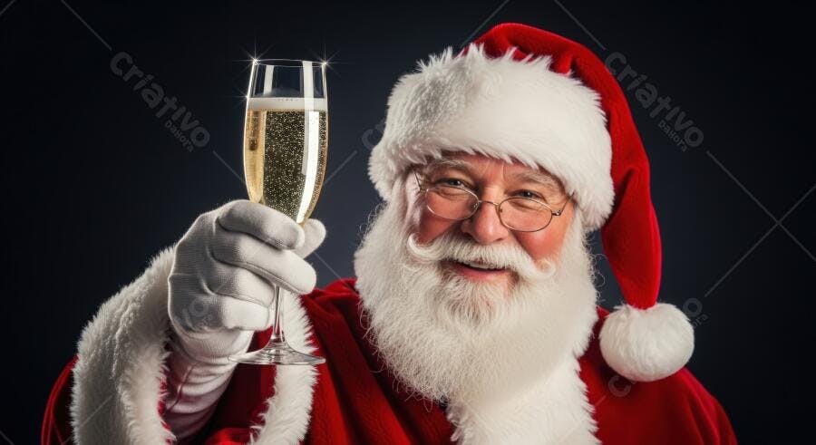 Papai Noel de barba branca sorrindo e brindando com champanhe para festas