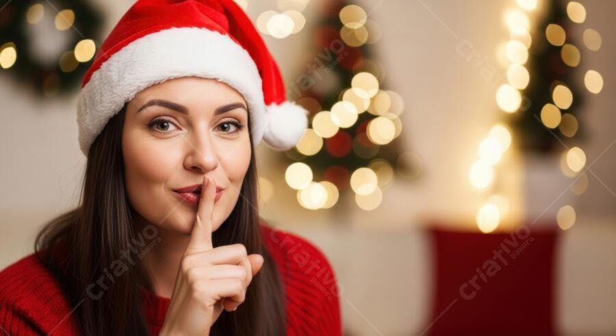 Mulher jovem de gorro de Papai Noel fazendo sinal de silêncio com luzes de Natal